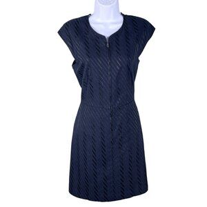 Theory Womens 8 Navy Textured Zip Front Sheath Dress Cap Sleeve Career Wear